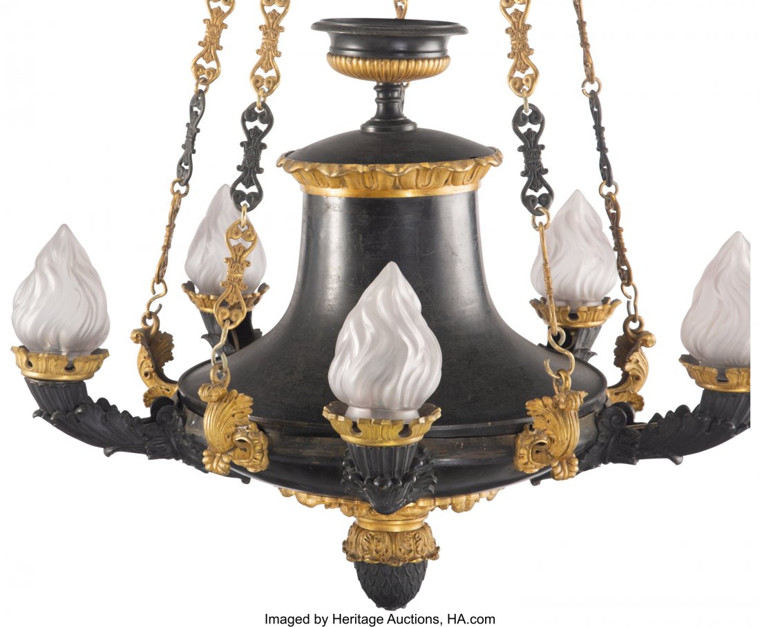 A French Empire-Style Patinated and Gilt Bronze : A French Empire-Style Patinated and Gilt Bronze Six-Light Chandelier, 19th century 39 x 26 inches (99.1 x 66.0 cm) Property from the Collection of John Robert Clark PROVENANCE: Stair Galleries, Hudson