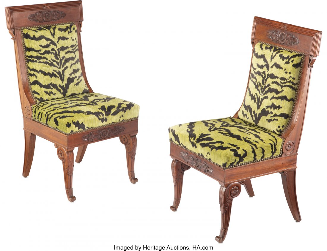 A Pair of French Empire Carved Mahogany Hall Cha: A Pair of French Empire Carved Mahogany Hall Chairs, circa 1820 Marks to one example: XVIIMarks to other example: II 37-1/4 x 18-3/4 x 20-1/2 inches (94.6 x 47.6 x 52.1 cm) (each) Property from the Co