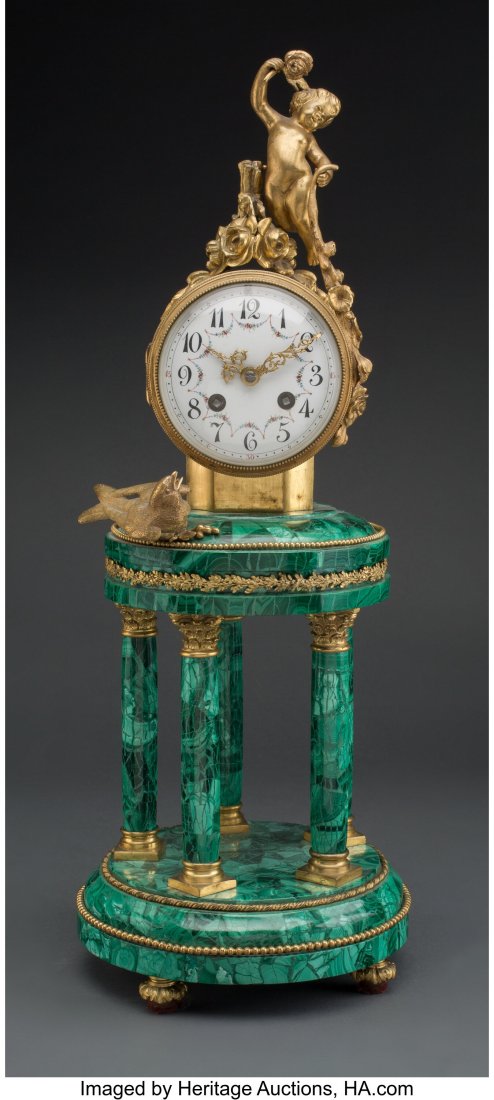 A Continental Gilt Bronze Mounted Malachite Temp: A Continental Gilt Bronze Mounted Malachite Temple-Form Clock Marks: 4230 21-1/2 x 8-1/2 x 8-1/2 inches (54.6 x 21.6 x 21.6 cm) HID03101062020 © 2020 Heritage Auctions | All Rights Reserved
