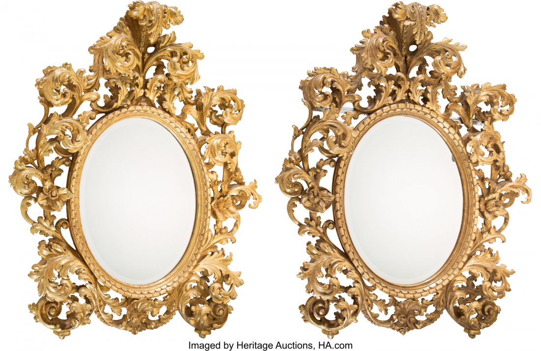 A Pair of Rococo-Style Carved Giltwood mirrors, : A Pair of Rococo-Style Carved Giltwood mirrors, Italy, 19th century 58 x 47 x 7 inches (147.3 x 119.4 x 17.8 cm) (each) HID03101062020 © 2020 Heritage Auctions | All Rights Reserved