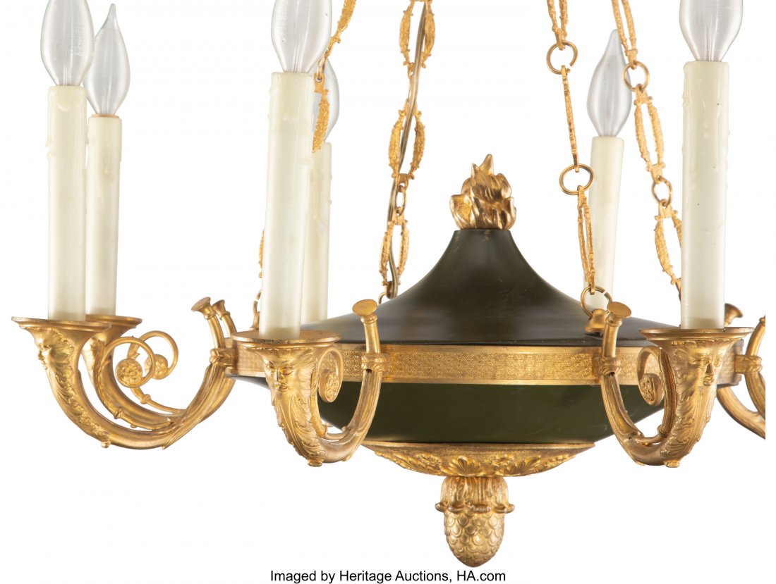 A French Empire-Style Gilt and Patinated Bronze : A French Empire-Style Gilt and Patinated Bronze Eight-Light Chandelier, 19th century 25 x 26 inches (63.5 x 66.0 cm) Property from the Collection of John Robert Clark HID03101062020 © 2020 Herita