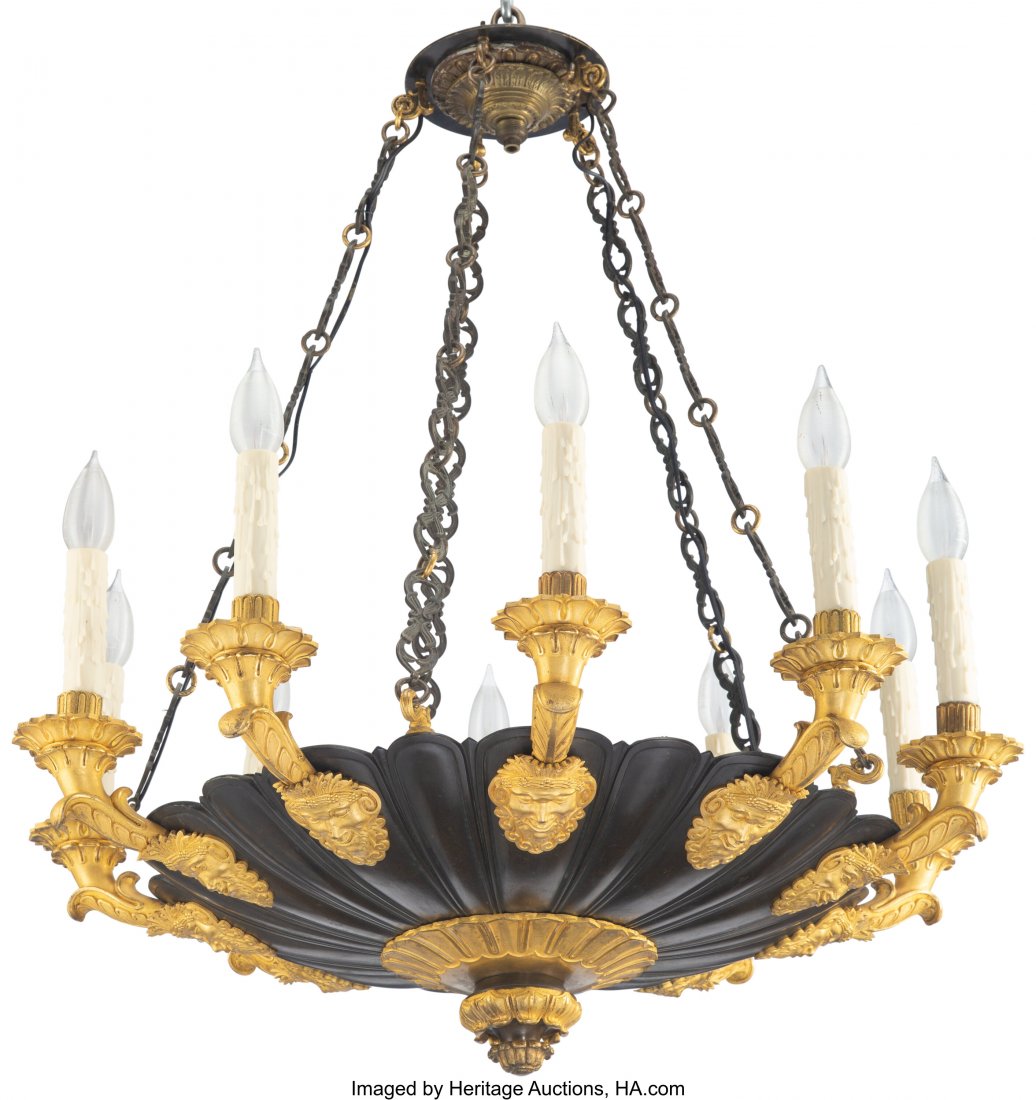 A French Empire Patinated and Gilt Bronze Ten-Li: A French Empire Patinated and Gilt Bronze Ten-Light Chandelier 34 x 28 inches (86.4 x 71.1 cm) Property from the Collection of John Robert Clark HID03101062020 © 2020 Heritage Auctions | All Righ