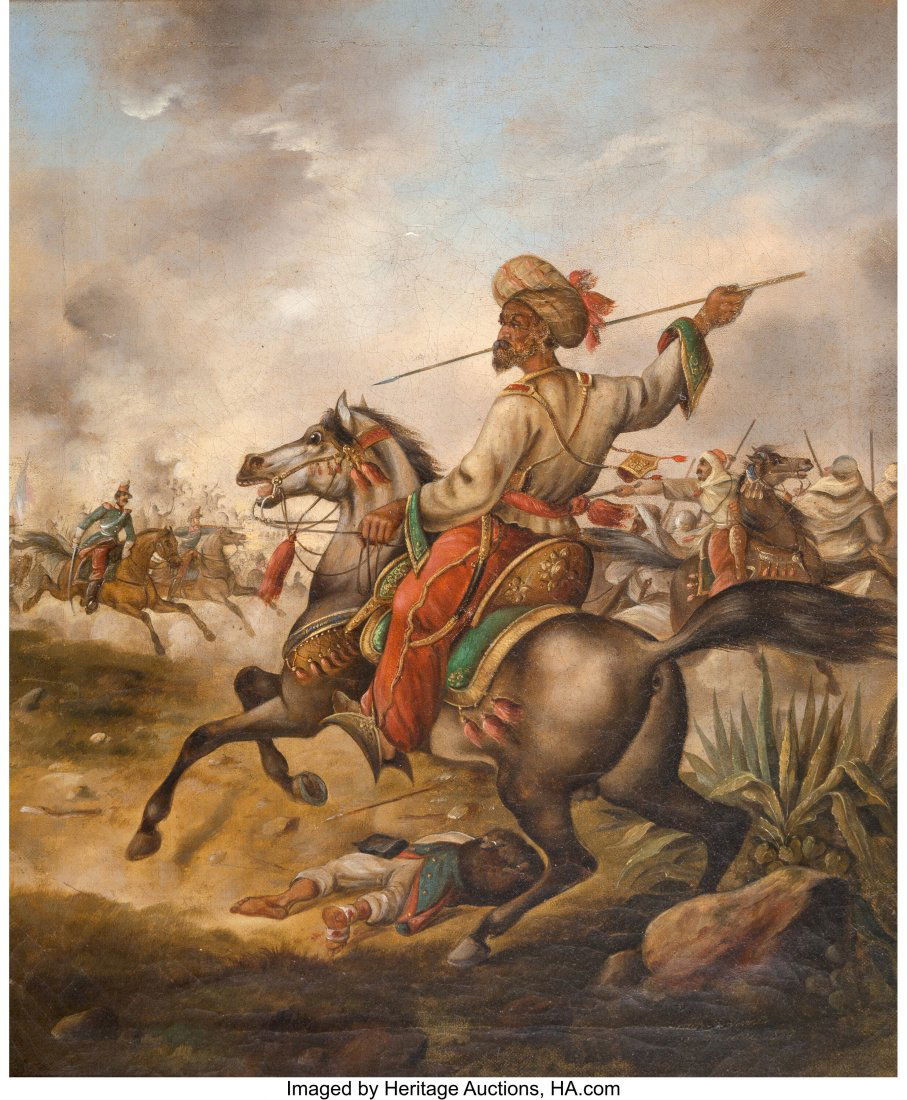 Albert Muhlig (German, 1862-1909) French-Algeria: Albert Muhlig (German, 1862-1909) French-Algerian battle paintings after Horace Vernet and Victor-Jean Vincent Adam (four works) Oil on canvas; each 15 x 17 inches (38.1 x 43.2 cm); each Swordsman on