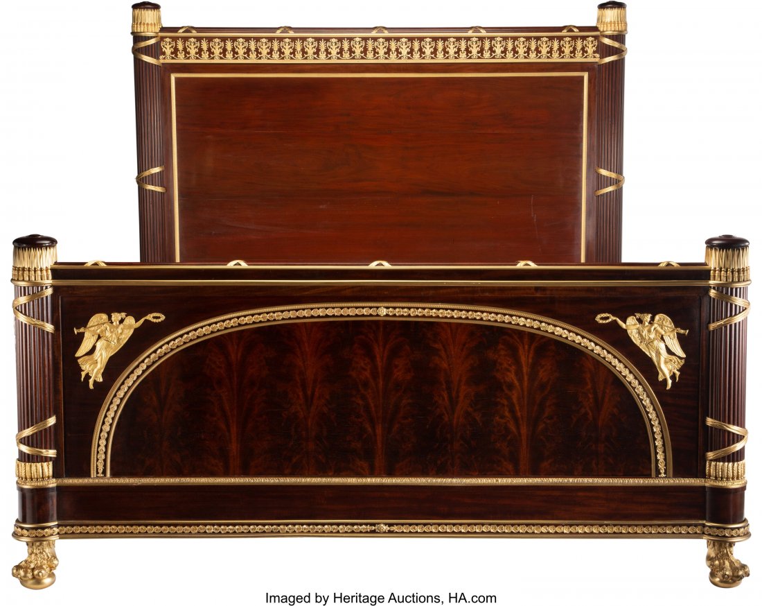 A Joseph-Emmanuel Zwiener Empire-Style Gilt Bron: A Joseph-Emmanuel Zwiener Empire-Style Gilt Bronze Mounted Mahogany Bed, Paris, circa 1900 Marks: PZ 6 64-1/2 x 78-1/2 x 92 inches (163.8 x 199.4 x 233.7 cm) The bed supported with four fasces-form be