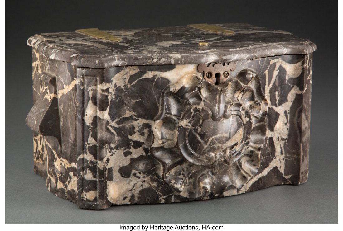 A French Marble Tobacco Box, 18th century 6-1/4 : A French Marble Tobacco Box, 18th century 6-1/4 x 13 x 6-1/2 inches (15.9 x 33.0 x 16.5 cm) Property from the Collection of John Robert Clark HID03101062020 © 2020 Heritage Auctions | All Rights 