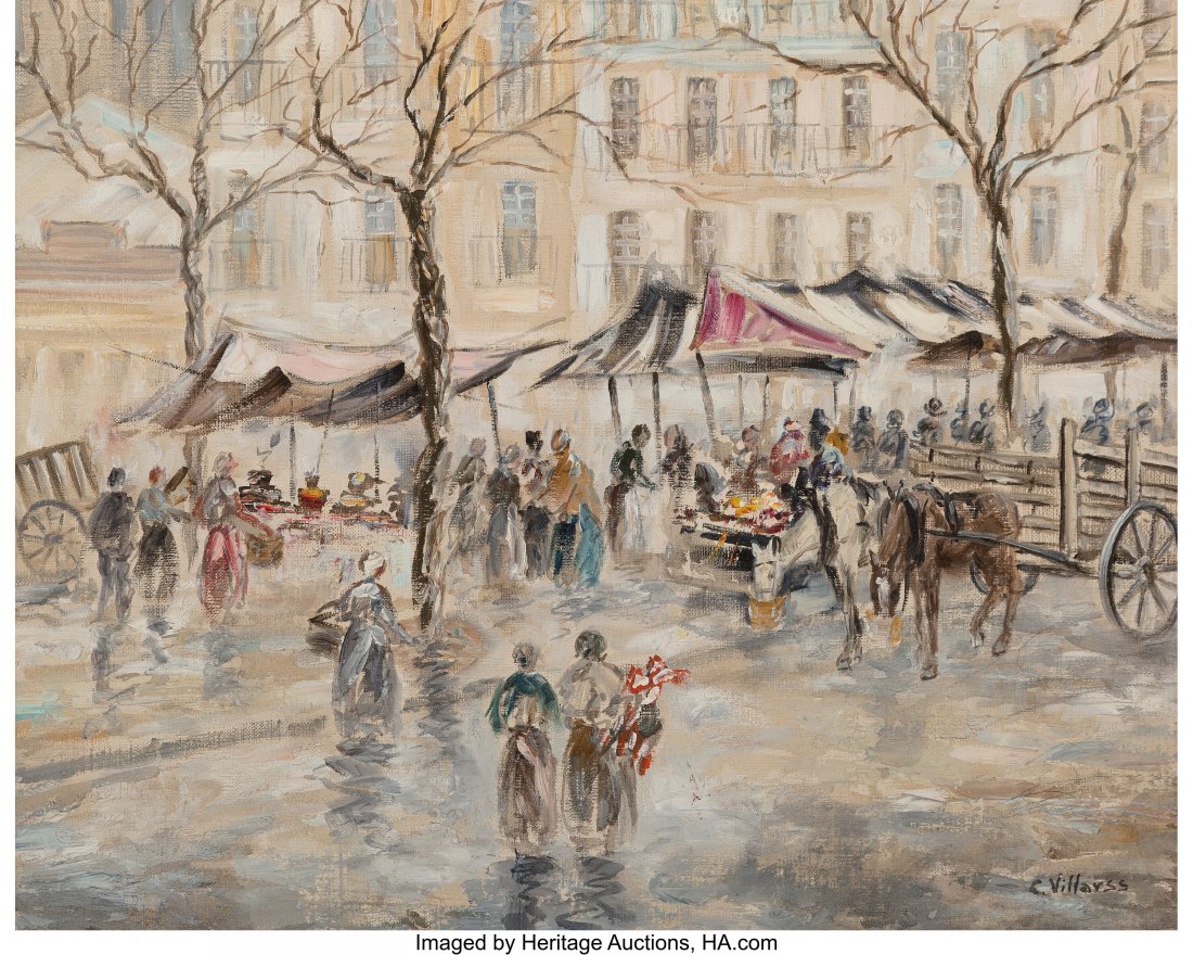 Continental School (20th Century) Marché au Blv: Continental School (20th Century) Marché au Blvd. Edgar Quinet, Paris Oil on canvas 15-1/2 x 19-1/2 inches (39.4 x 49.5 cm) Signed lower right: C. Villarss Property from the Collection of John 