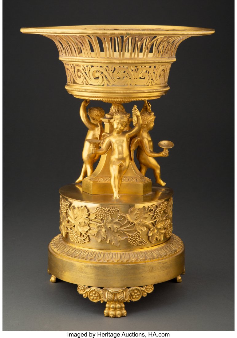 A Fine Empire Gilt Bronze Centerpiece with Retic: A Fine Empire Gilt Bronze Centerpiece with Reticulated Basket, circa 1815 15-1/4 x 11 inches (38.7 x 27.9 cm) Property from the Collection of John Robert Clark HID03101062020 © 2020 Heritage Auct