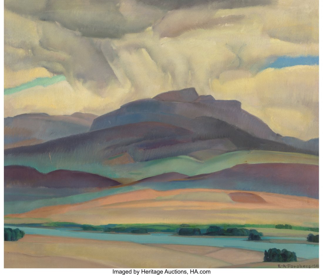 Elmer Forsberg (American, 1883-1950) Passing Sto: Elmer Forsberg (American, 1883-1950) Passing Storm, 1941 Oil on canvas 30 x 36 inches (76.2 x 91.4 cm) Signed and dated lower right: E.A. Forsberg 1941 PROVENANCE: Mrs. Leonard M. Haddad; Phoenix Art 