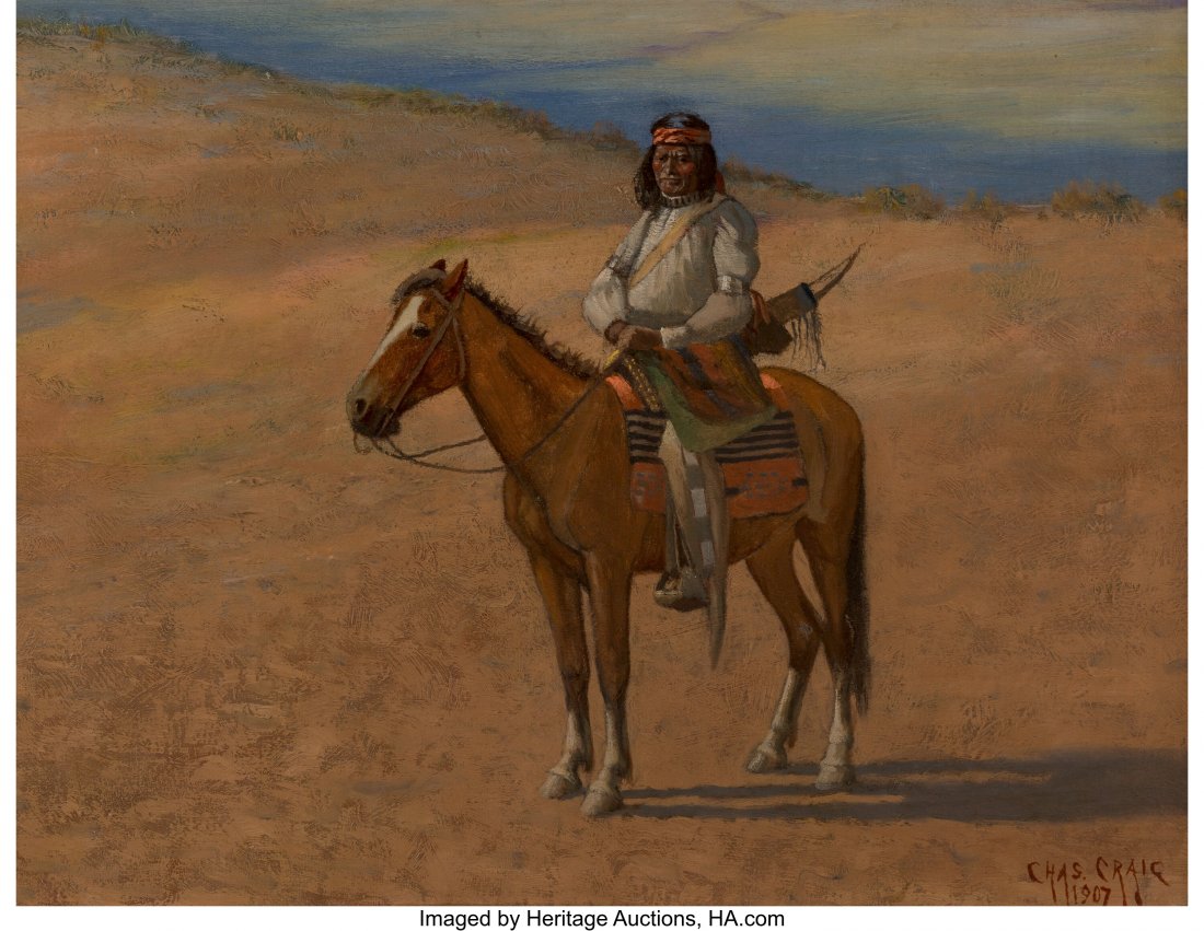 Charles Craig (American, 1846-1931) Indian on Ho: Charles Craig (American, 1846-1931) Indian on Horseback, 1907 Oil on canvas 18 x 24 inches (45.7 x 61.0 cm) Signed and dated lower right: Chas Craig 1907 PROVENANCE: Governor George O. Shoup, Boise, I