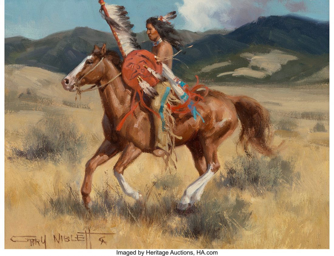 Gary Lawrence Niblett (American, b. 1943) Young: Gary Lawrence Niblett (American, b. 1943) Young Brave Oil on canvas 9 x 12 inches (22.9 x 30.5 cm) Signed lower left: Gary Niblett CA Signed and titled on the reverse: "Young Brave" / Gary Niblett HID