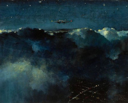 ERIC SLOANE (American, 1910-1985) Night Flight Scene Oi: ERIC SLOANE (American, 1910-1985)Night Flight SceneOil on board15.