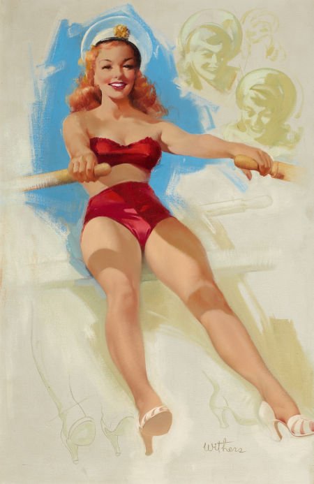TED WITHERS (American, d. 1964) Rowboat Pin-Up Oil on b: TED WITHERS (American, d. 1964)Rowboat Pin-UpOil on board28.5 x 18