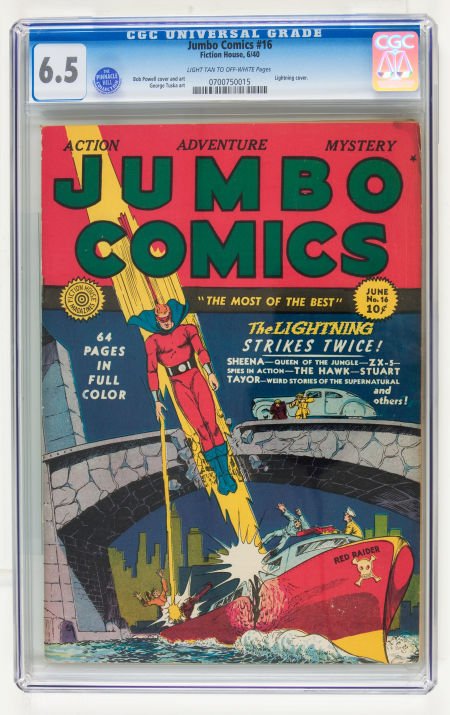 Jumbo Comics #16 (Fiction House, 1940) CGC FN+ 6: Jumbo Comics #16 (Fiction House, 1940) CGC FN+ 6.5 Light tan to off-white pages. Lightnin