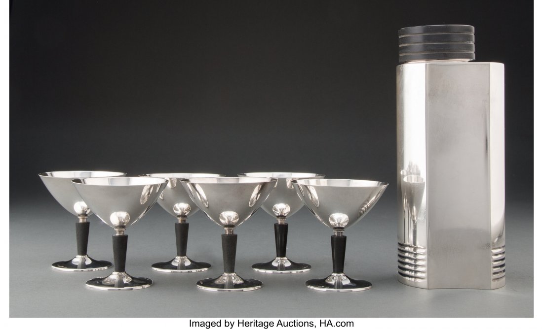 Folke Arström (Swedish, 1907-1997) Seven-Piece: Folke Arström (Swedish, 1907-1997) Seven-Piece Cocktail Set, circa 1930, Guldsmeds Aktiebolaget (G.A.B.), Silver-plated metal, bakelite 8-5/8 x 3-1/2 x 2-7/8 inches (21.9 x 8.9 x 7.3 cm) (shaker)