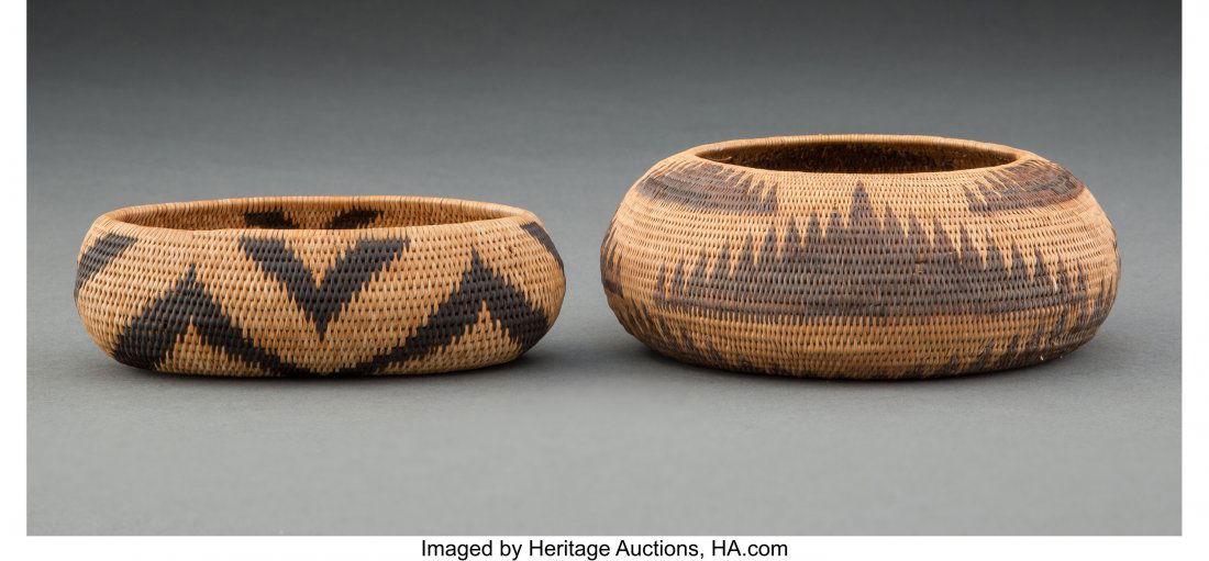 Two Pomo Coiled Bowls  c. 1900  willow, dyed bul (1 of 3)