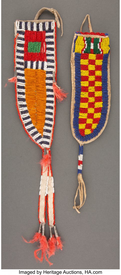 Two Sioux Beaded Hide Knife Sheaths  Lengths: 7 (1 of 3)
