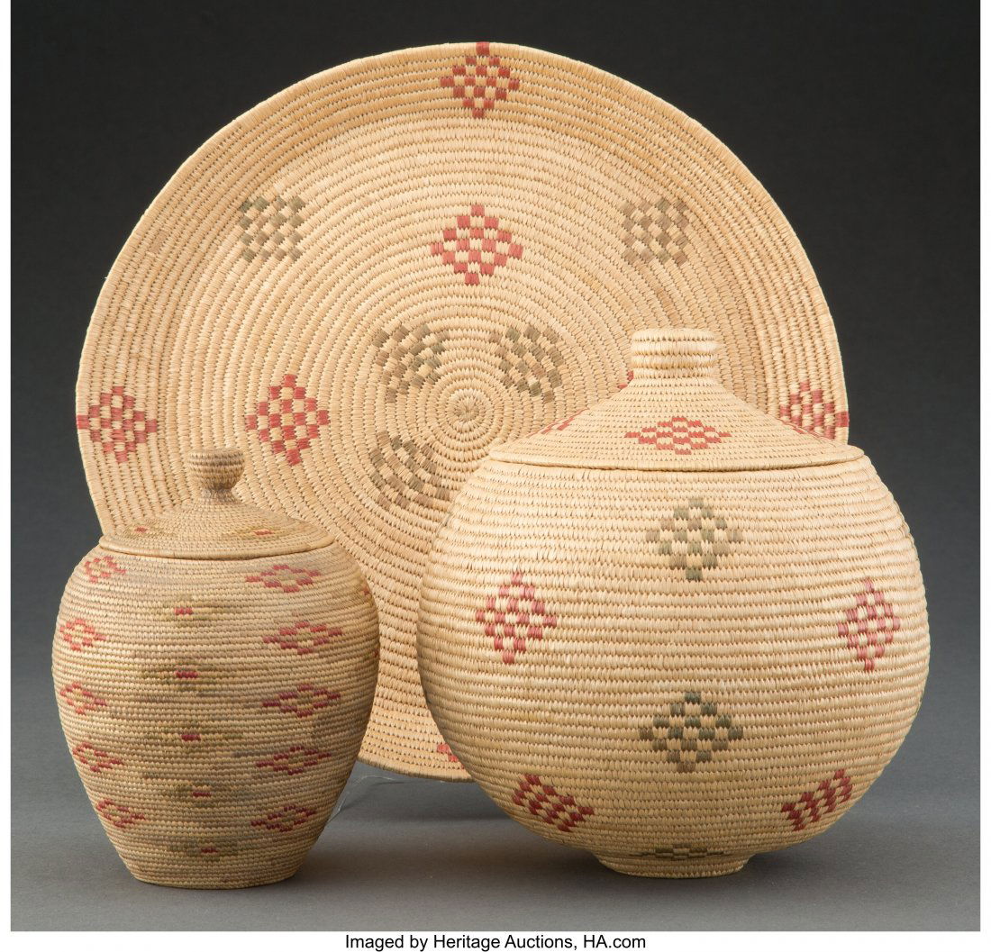 Three Alaskan Eskimo Coiled Basketry Items  c. 1 (1 of 2)
