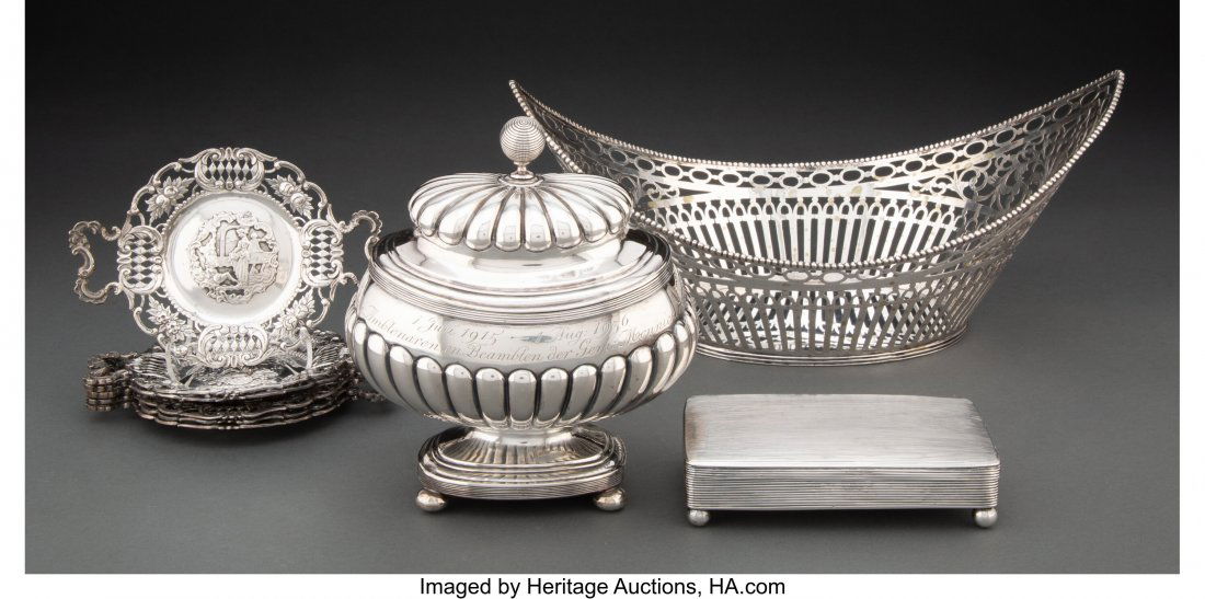 A Group of Nine Dutch Silver Items Marks: (vario: A Group of Nine Dutch Silver Items Marks: (various) 5-1/2 x 12-1/4 x 7-1/4 inches (14.0 x 31.1 x 18.4 cm) (largest, basket) The group comprising a reticulated basket with beaded rim, a covered bowl in