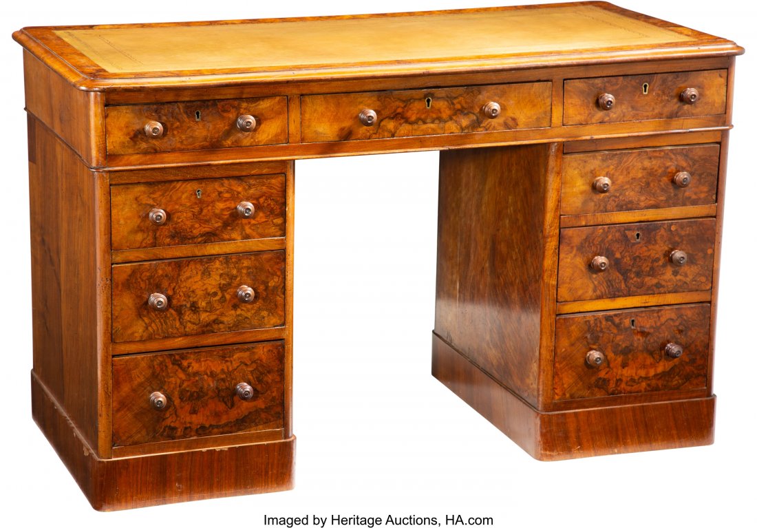 An Early Victorian Figured Walnut Veneer Double : An Early Victorian Figured Walnut Veneer Double Pedestal Desk, England, circa 1840 30-1/4 x 48 x 24 inches (76.8 x 121.9 x 61.0 cm) Top fitted with a gold stamped tan writing surface framed in figured