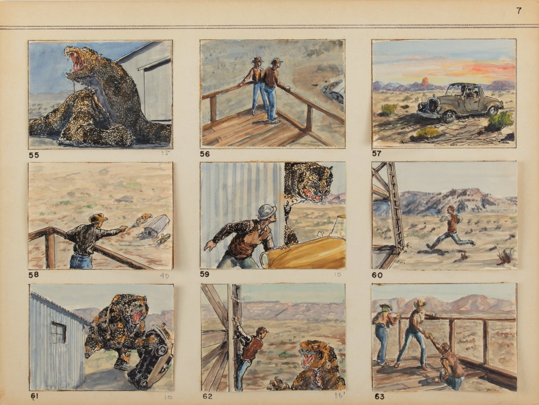 Willis O'Brien Storyboard Panels #55-72 for The: Willis O'Brien Storyboard Panels #55-72 for The Last of the Oso Si-Papu (1950). Eighteen original hand painted storyboards accomplished in pencil, pen, and gouache on 5.25" x 4" paper leaves tipped, n