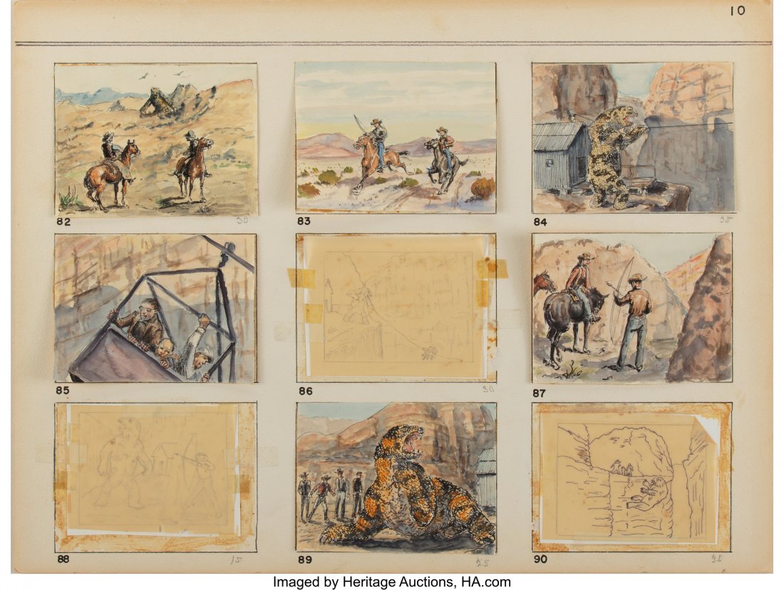 Willis O'Brien Storyboard Panels #73-81 for The: Willis O'Brien Storyboard Panels #73-81 for The Last of the Oso Si-Papu (1950). Eighteen original hand painted storyboards accomplished in pencil, pen, and gouache on 5.25" x 4" paper leaves tipped, n