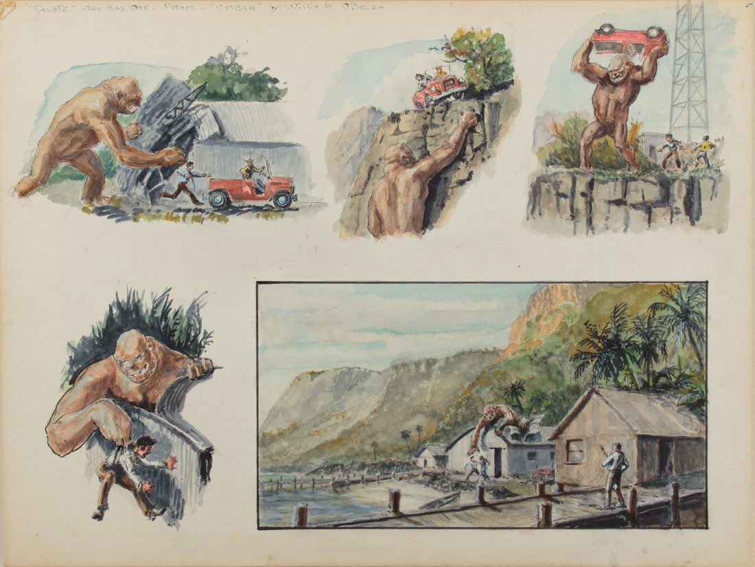 Willis O'Brien "Tavotz" 5-Image Concept Art from: Willis O'Brien "Tavotz" 5-Image Concept Art from Umbah (1950). Original creature concept artwork accomplished in pencil, pen and gouache on 20" x 15.25" artist’s board tipped to 24" x 20" backin