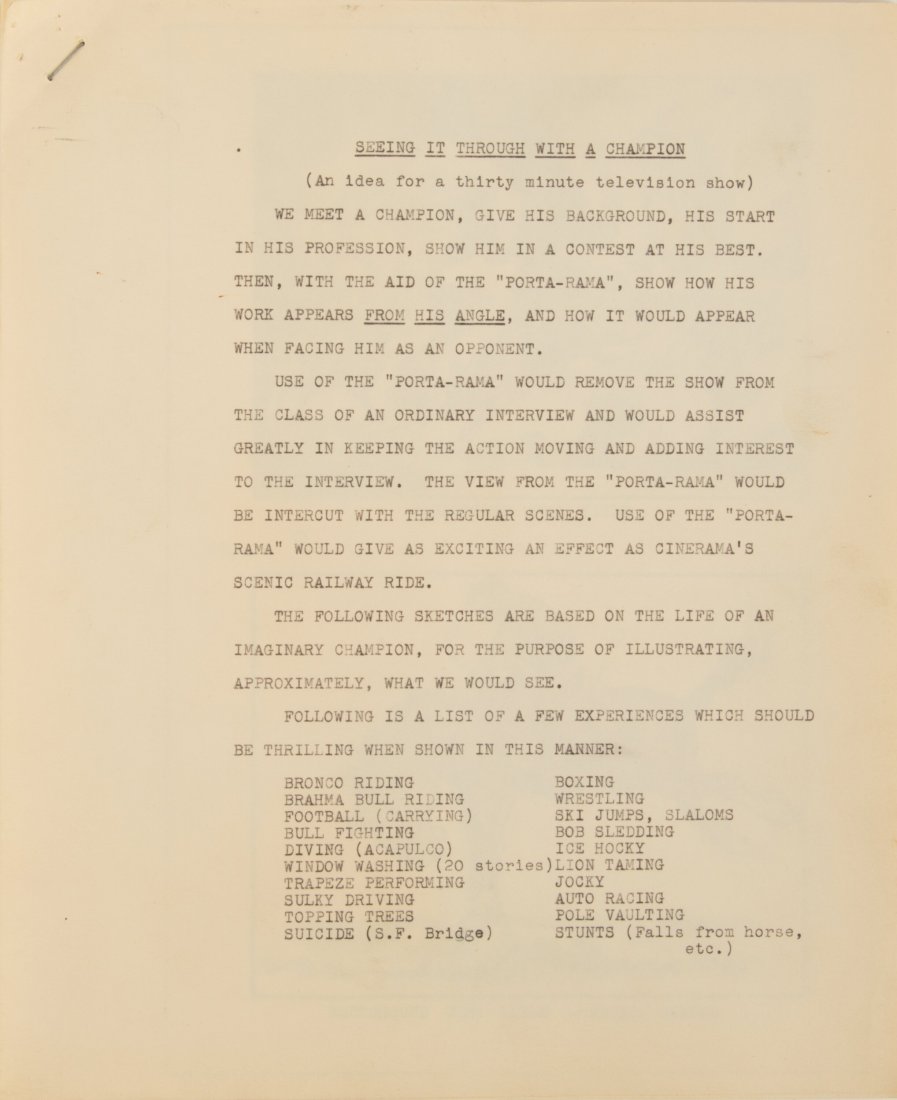 Willis O'Brien "Seeing It Through with a Champio: Willis O'Brien "Seeing It Through with a Champion" TV Concept Treatment and Artwork (1950s). Original 164-page typed and hand illustrated treatment for an episode of television series, intended to exp