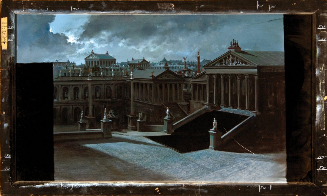 Masada Nighttime View of Rome Matte Painting (AB: Masada Nighttime View of Rome Matte Painting (ABC, 1981). Matte painting accomplished in mixed media on 57.5" x 35.5" glass in pine frame. Painted by Albert Whitlock. This matte painting is the establ