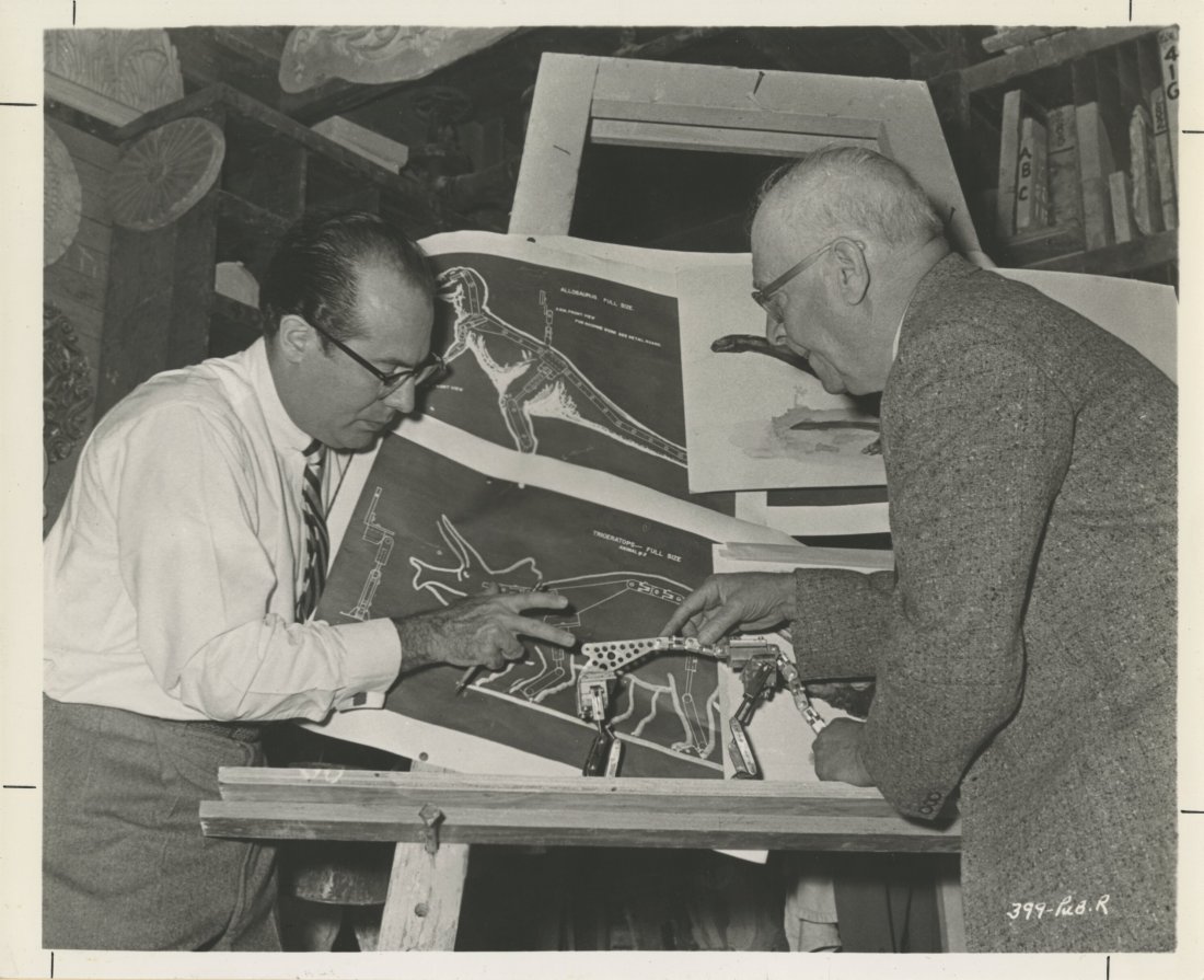 Willis O’Brien Schematic of a Stegosaurus Arma: Willis O’Brien Schematic of a Stegosaurus Armature From The Animal World and Photo of O'Brien with director Irwin Allen (Warner Bros.,1956). Original printed schematic measuring 25.5" x 18.25" d
