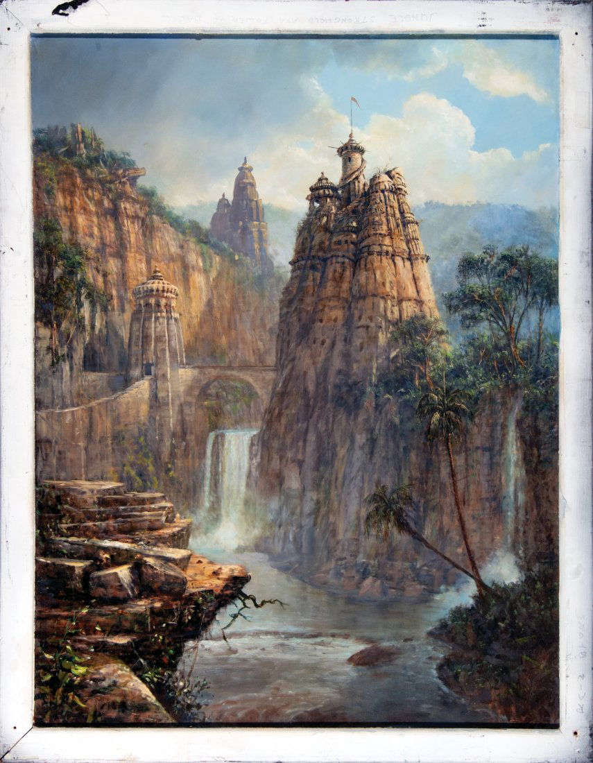 Syd Dutton River Scene Matte Painting (circa 198: Syd Dutton River Scene Matte Painting (circa 1980s-1990s) A fine art painting accomplished in mixed media on 54" x 42". Masonite. This fine art piece was created by renowned Hollywood matte painter Sy