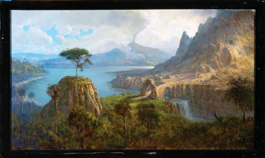 Syd Dutton Tree of Knowledge Matte Painting (cir: Syd Dutton Tree of Knowledge Matte Painting (circa 1980s-1990s). A fine art painting accomplished in mixed media on 57" x 34.5". Masonite. This fine art piece was created by renowned Hollywood matte p