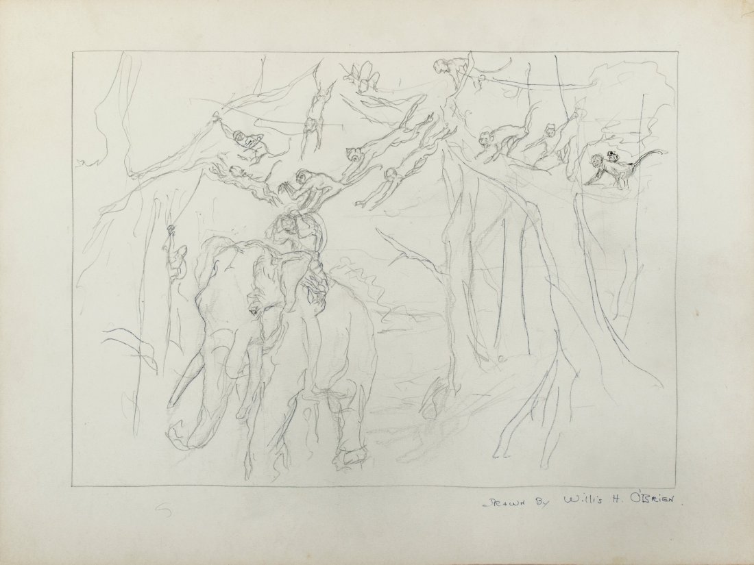 Willis O'Brien Pencil Artwork of Elephant and Mo: Willis O'Brien Pencil Artwork of Elephant and Monkeys from The Elephant Rustlers (1960). Original sketch accomplished in pencil on 20" x 15" artist’s board tipped to 24" x 20" backing board. Fea
