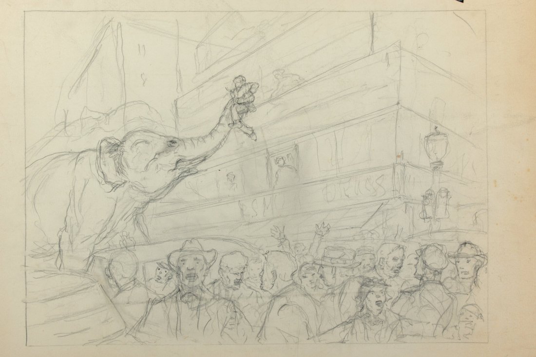 Willis O'Brien Pencil Artwork of Man Gripped In: Willis O'Brien Pencil Artwork of Man Gripped In An Elephant's Trunk from The Elephant Rustlers (1960). Original sketch accomplished in pencil on 25" x 20" artist's board. Featuring an elephant on a ra