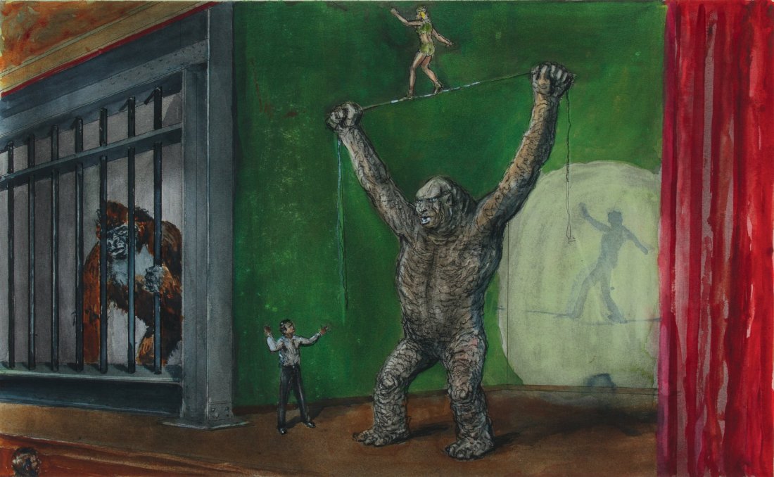 Willis O'Brien Artwork of Monsters and a Tightro: Willis O'Brien Artwork of Monsters and a Tightrope Walker from King Kong v. Frankenstein (1960). Original hand painted storyboard accomplished in pencil, pen and gouache on 20" x 15" artist’s bo