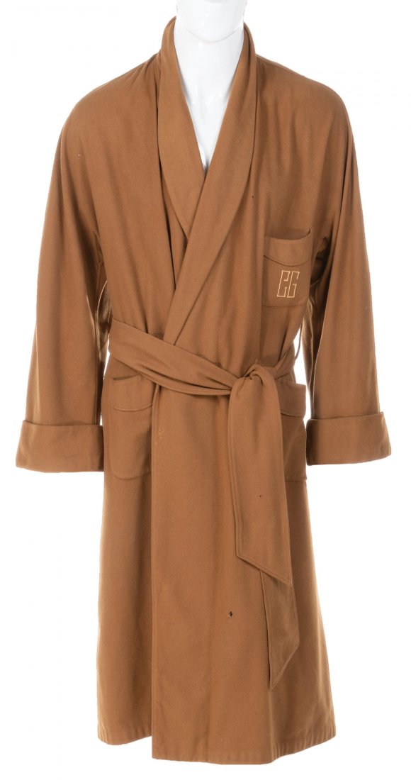 Clark Gable Personal Monogrammed Lounging Robe (: Clark Gable Personal Monogrammed Lounging Robe (circa 1940s-1950s). Vintage original camel colored floor-length felt robe with shawl collar one-chest pouch pocket with tan embroidered, "CG", two-hip p