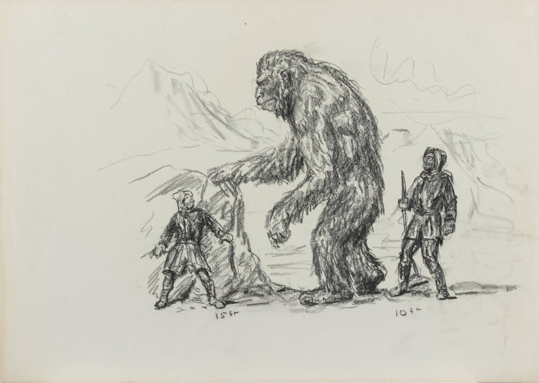Willis O'Brien Charcoal Artwork the "Yeti" from: Willis O'Brien Charcoal Artwork the "Yeti" from Baboon: A Tale About a Yeti (1962). Original hand drawn creature sketch accomplished in charcoal on 19.75" x 14" artist’s paper leaf. Featuring th