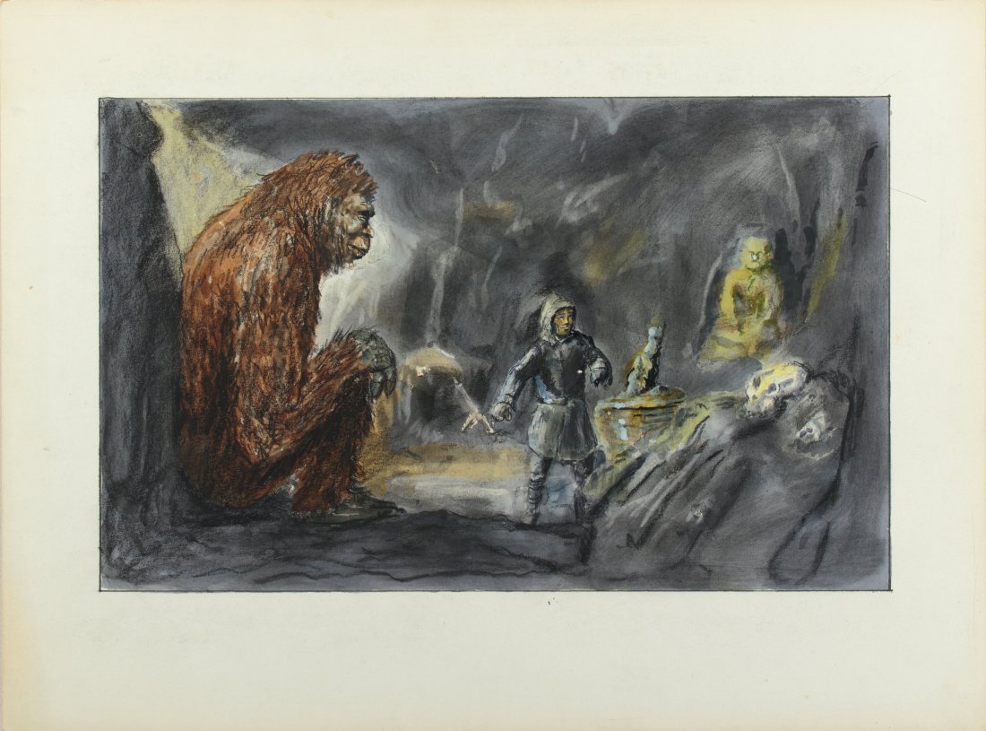 Willis O'Brien Artwork of Baboon in a Cave from: Willis O'Brien Artwork of Baboon in a Cave from Baboon: A Tale About a Yeti (1962). Original hand painted creature sketch accomplished in pencil, pen, and gouache on 15" x 20" artist’s board tip