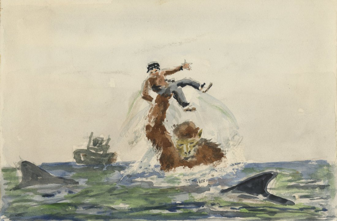 Willis O'Brien Concept Artwork Panels from Baboo: Willis O'Brien Concept Artwork Panels from Baboon: A Tale About a Yeti (1962). Original hand painted sketch accomplished in pencil, pen and gouache on 8" x 5.5" artist’s paper leaves. Featuring 