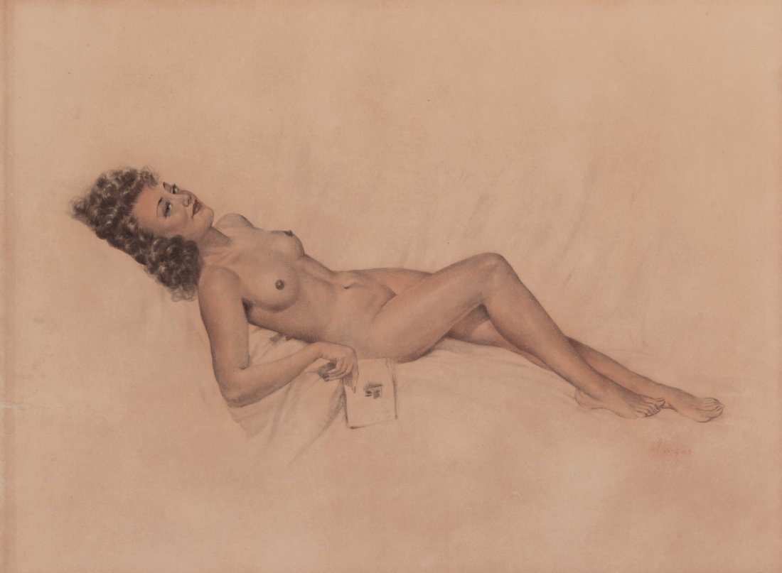 Alberto Vargas Reclining Nude Painting (1940s).: Alberto Vargas Reclining Nude Painting (1940s). Vintage original early unpublished "Vargas Girl" pin-up painting accomplished in pencil and watercolor on 22" x 16" artist’s leaf visible through