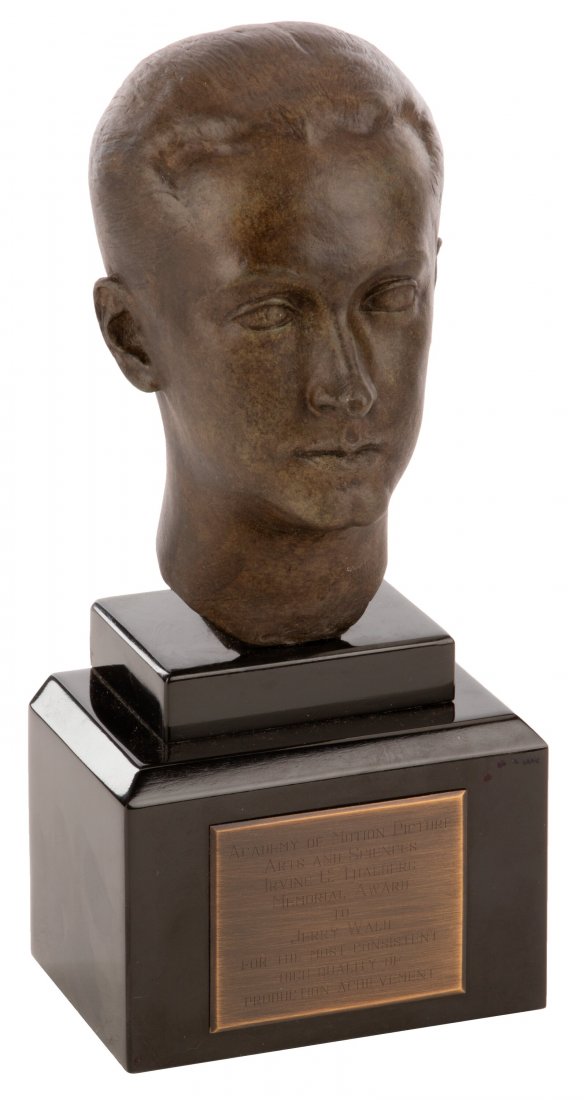 Jerry Wald 1948 Irving G. Thalberg Award trophy: Jerry Wald 1948 Irving G. Thalberg Award trophy for "High Quality of Production Achievement" (1948). Vintage original Thalberg Award trophy consisting of a cast brass bust of Thalberg set atop an onyx