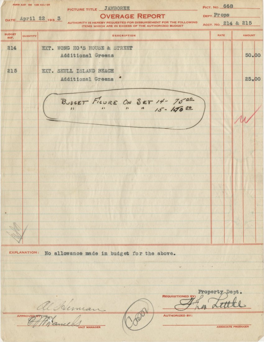Executive Producer, Merian C. Cooper, Initialed: Executive Producer, Merian C. Cooper, Initialed and Willis O'Brien Reports for Son of Kong and Gwangi (RKO, 1933). Vintage original (2) 8.5" x 11" printed and hand filled reports including (1) Gwangi 