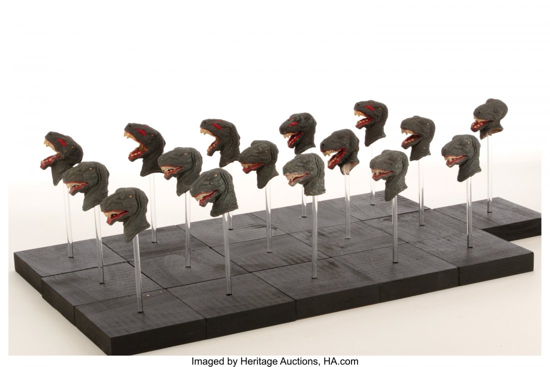 Collection of (16) replacement animation T-Rex d: Collection of (16) replacement animation T-Rex dinosaur heads from The Beast of Hollow Mountain. (United Artists,1956) Vintage original (16) individual dinosaur animation heads constructed of cast res