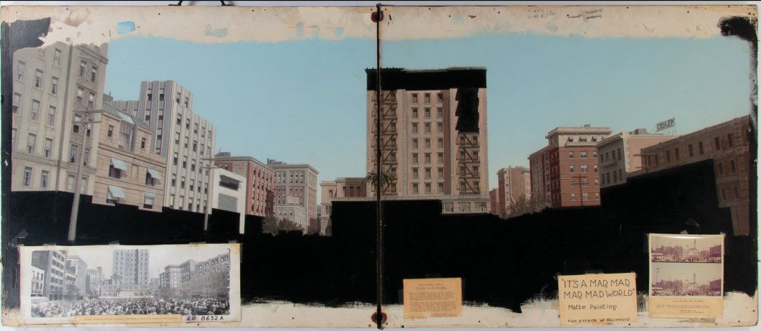 It's a Mad, Mad, Mad, Mad World Matte Painting E: It's a Mad, Mad, Mad, Mad World Matte Painting Establishing Shot of a Plaza and Accompanying Materials (United Artists, 1963). Vintage original matte painting accomplished in gouache on 78.5" x 33" Ma