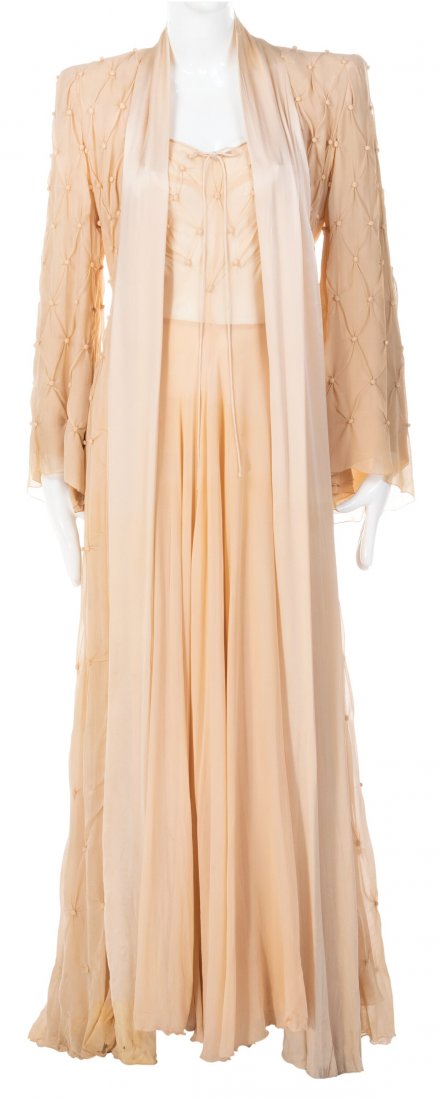 Katharine Hepburn "Ann Hamilton" Peignoir Ensemb: Katharine Hepburn "Ann Hamilton" Peignoir Ensemble from Undercurrent (MGM, 1947). Vintage original (2) piece crème chiffon set including (1) floor-length gown with ruched tank straps, diamond p