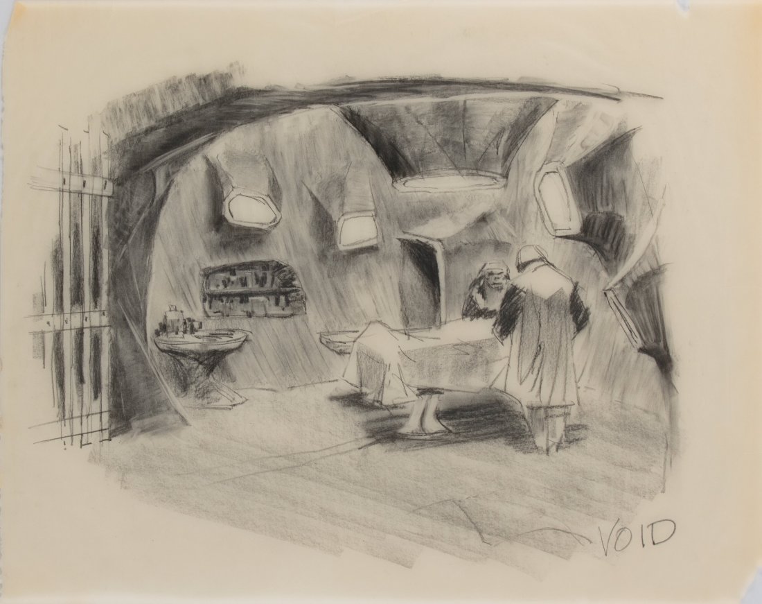 Mentor Huebner Large Concept Depicting Ape Surge: Mentor Huebner Large Concept Depicting Ape Surgeons Operating on "Taylor" from Planet of the Apes (TCF, 1968). Vintage original concept sketch accomplished in pencil and charcoal on 23.75" x 18.75" pa