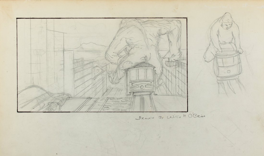 Willis O'Brien Pencil Artwork of Joe Riding a Ca: Willis O'Brien Pencil Artwork of Joe Riding a Cable Car for Mighty Joe Young (RKO, 1949). Original hand drawn concept artwork accomplished in pencil on 20" x 15" artist’s board tipped to 24" x 2