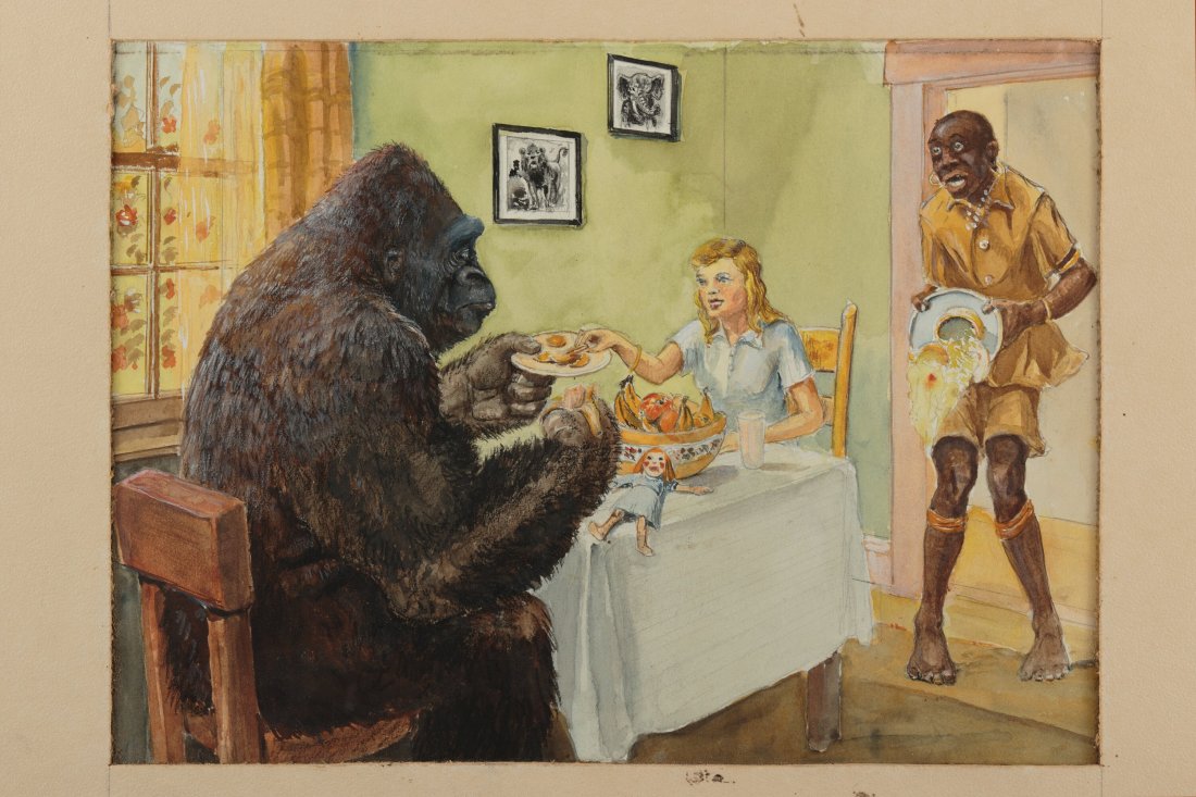 Willis O'Brien Artwork of Joe and Jill From Migh: Willis O'Brien Artwork of Joe and Jill From Mighty Joe Young (RKO, 1949). Original hand painted concept artwork accomplished in pencil, ink and gouache on 20" x 15" artist's board with 12" x 9" of ima