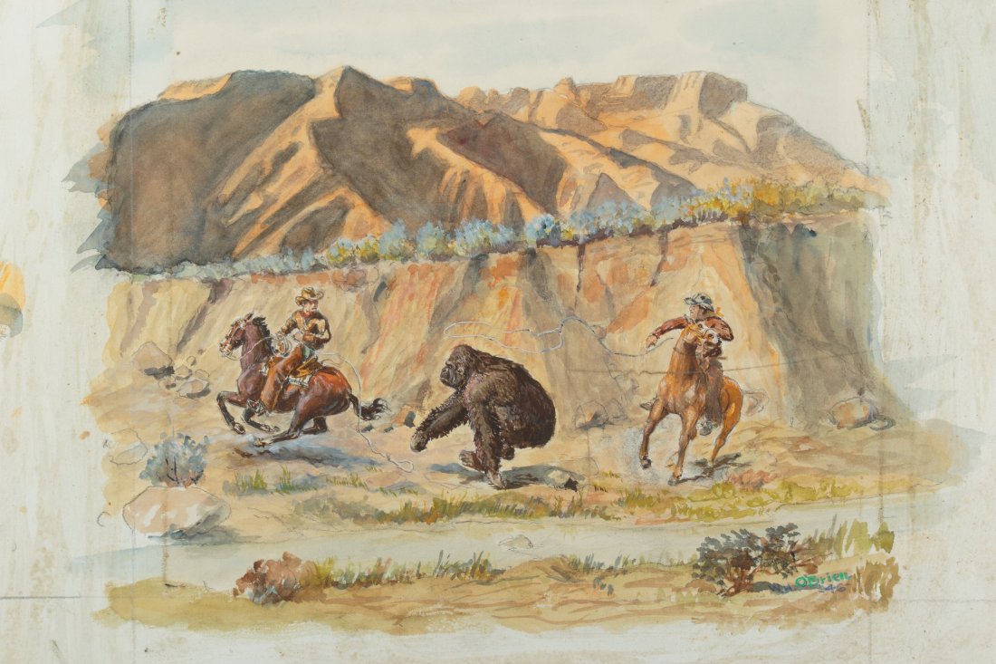 Willis O'Brien Signed Artwork of Joe Lassoed By: Willis O'Brien Signed Artwork of Joe Lassoed By Cowboys On Horses for Mighty Joe Young (RKO, 1949). Original hand painted concept artwork accomplished in pencil, ink and gouache on 20" x 15" artist's 