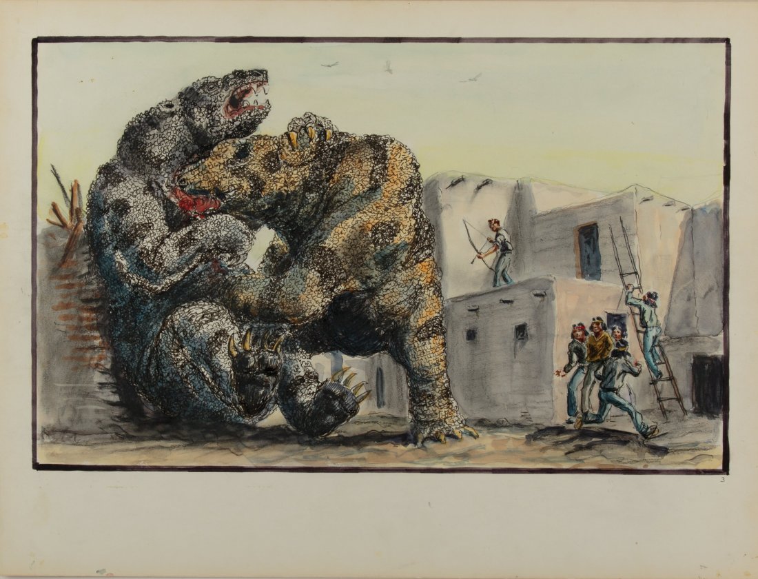 Willis O'Brien Artwork of Battling Monsters for: Willis O'Brien Artwork of Battling Monsters for The Last of the Oso Si-Papu (1950). Original hand painted storyboard accomplished in pencil, pen and gouache on 20" x 15" artist’s board tipped to