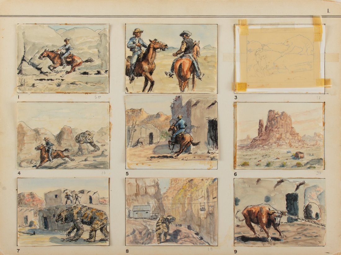 Willis O'Brien Storyboard Panels #1-18 for The L: Willis O'Brien Storyboard Panels #1-18 for The Last of the Oso Si-Papu (1950). Eighteen original hand painted storyboards accomplished in pencil, pen, and gouache on 5.25" x 4" paper leaves tipped, ni